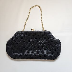 Vtg Purse Clutch Handbag Made In Hong Kong Black Beaded Sequins Evening Bag